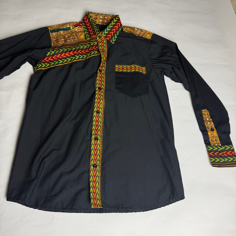 Men's Black Multicolor Patterned Patchwork Shirt - image 5